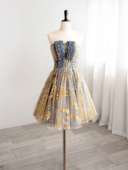 Evening Dresses Elegant, A-Line Gold/Blue Lace  Short Prom Dress, Cute Homecoming Dress with Beading