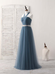 Short Wedding Dress, A-Line Gray Blue Tulle Long Bridesmaid Dress Gray Blue Prom Dress