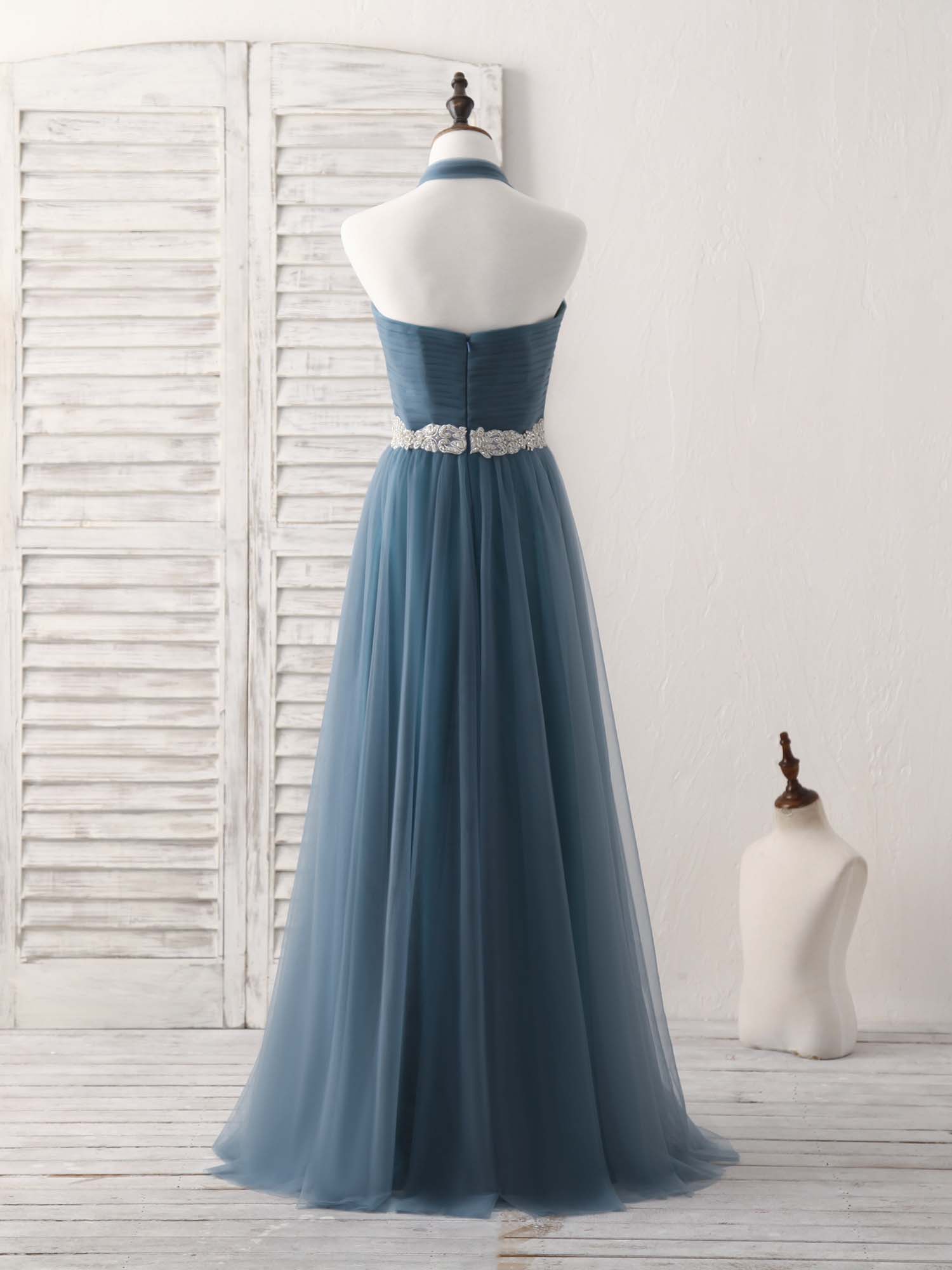 Bachelorette Party Games, A-Line Gray Blue Tulle Long Bridesmaid Dress Gray Blue Prom Dress