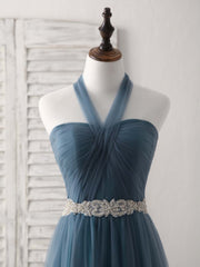 Bridal Bouquet, A-Line Gray Blue Tulle Long Bridesmaid Dress Gray Blue Prom Dress