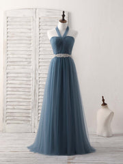 Sage Green Wedding, A-Line Gray Blue Tulle Long Bridesmaid Dress Gray Blue Prom Dress