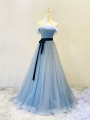Homecoming Dresses Tight Short, A-Line Gray Blue Tulle Long Prom Dress, Gray Blue Long Formal Dress
