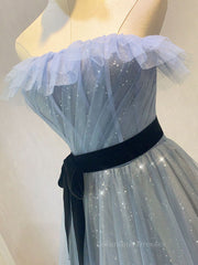 Homecoming Dress Short Tight, A-Line Gray Blue Tulle Long Prom Dress, Gray Blue Long Formal Dress