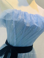 Homecoming Dresses Black Girl, A-Line Gray Blue Tulle Long Prom Dress, Gray Blue Long Formal Dress