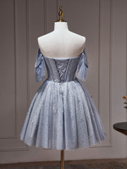 Dress To Wear To A Wedding, A-Line Gray Blue Tulle Short Prom Dress. Cute Gray Blue Homecoming Dress