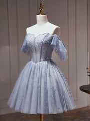 Dance Dress, A-Line Gray Blue Tulle Short Prom Dress. Cute Gray Blue Homecoming Dress