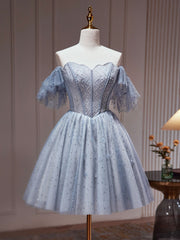 Best Prom Dress, A-Line Gray Blue Tulle Short Prom Dress. Cute Gray Blue Homecoming Dress