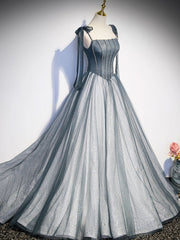 Prom Dress With Sleeves, A Line Gray Long Prom Dresses, Tulle Gray Formal Graduation Dress with Beading