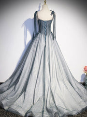 Prom Dress With Sleeve, A Line Gray Long Prom Dresses, Tulle Gray Formal Graduation Dress with Beading