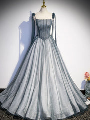 Prom Dress Princess Style, A Line Gray Long Prom Dresses, Tulle Gray Formal Graduation Dress with Beading