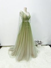 Prom Dresses Open Back, A-line Green Gradient Puffy Sleeves Tulle Long Party Dress, Green Long Prom Dress