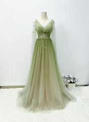 Prom Dresses Cute, A-line Green Gradient Puffy Sleeves Tulle Long Party Dress, Green Long Prom Dress