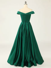Homecoming Dresses For Girl, A-Line Green Off Shoulder Long Prom Dresses, Green Formal Evening Dresses