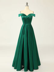 Homecoming Dress Inspo, A-Line Green Off Shoulder Long Prom Dresses, Green Formal Evening Dresses