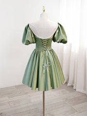 Black Long Dress, A-Line Green Puffy Sleeve Satin Short Prom Dress, Green Short Formal Dress