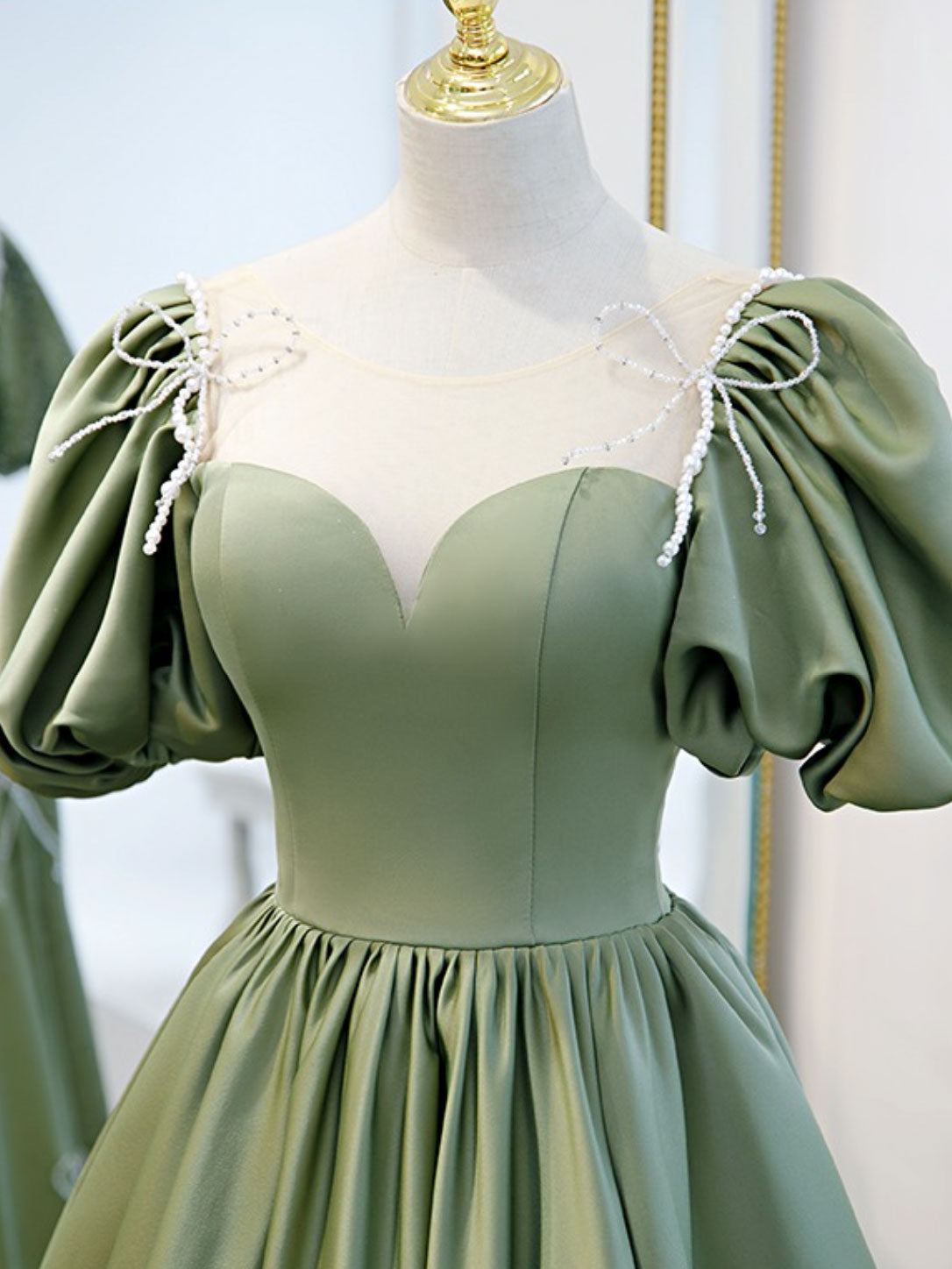 Off Shoulder Prom Dress, A-Line Green Puffy Sleeve Satin Short Prom Dress, Green Short Formal Dress