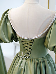 Satin Bridesmaid Dress, A-Line Green Puffy Sleeve Satin Short Prom Dress, Green Short Formal Dress