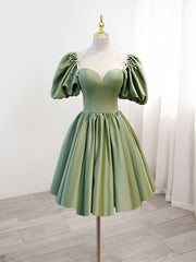 Glamorous Dress, A-Line Green Puffy Sleeve Satin Short Prom Dress, Green Short Formal Dress