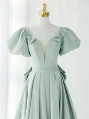 Evening Dress Elegant, A-Line Green Puffy Sleeve Short Prom Dress, Green Formal Dress