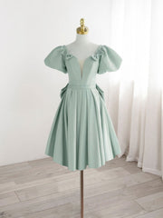 Evening Dresses Cheap, A-Line Green Puffy Sleeve Short Prom Dress, Green Formal Dress