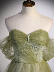 Prom Dresses Blush, A Line Green Tulle Long Prom Dress, Green Formal Evening Dress with Beading