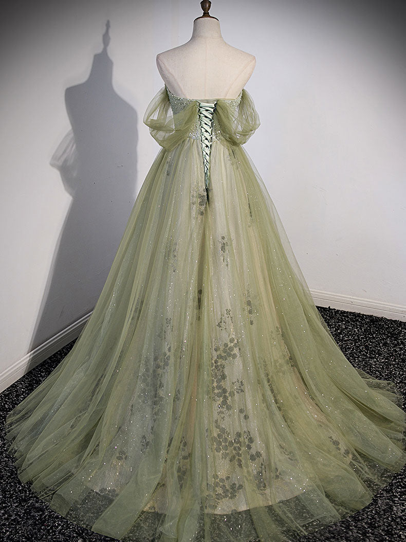 Prom Dresses 2025 Cheap, A Line Green Tulle Long Prom Dress, Green Formal Evening Dress with Beading