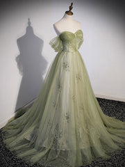 Prom Dresses Ballgown, A Line Green Tulle Long Prom Dress, Green Formal Evening Dress with Beading