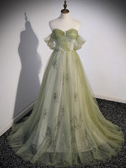 Prom Dressed Blue, A Line Green Tulle Long Prom Dress, Green Formal Evening Dress with Beading