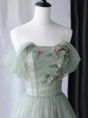 Braids, A-Line Green Tulle Long Prom Dress,Unique Formal Evening Dresses