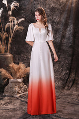Floral Bridesmaid Dress, A Line Half Sleeves Ombre Silk Like Satin Floor Length Prom Dresses