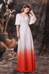 Bridesmaid Nail, A Line Half Sleeves Ombre Silk Like Satin Floor Length Prom Dresses