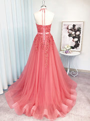 Bridesmaid Dress Color, A-line Halter Appliques Lace Sweep Train Tulle Dress