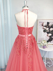 Bridesmaids Dresses Colors, A-line Halter Appliques Lace Sweep Train Tulle Dress