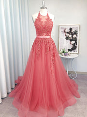Bridesmaid Dress Trends, A-line Halter Appliques Lace Sweep Train Tulle Dress