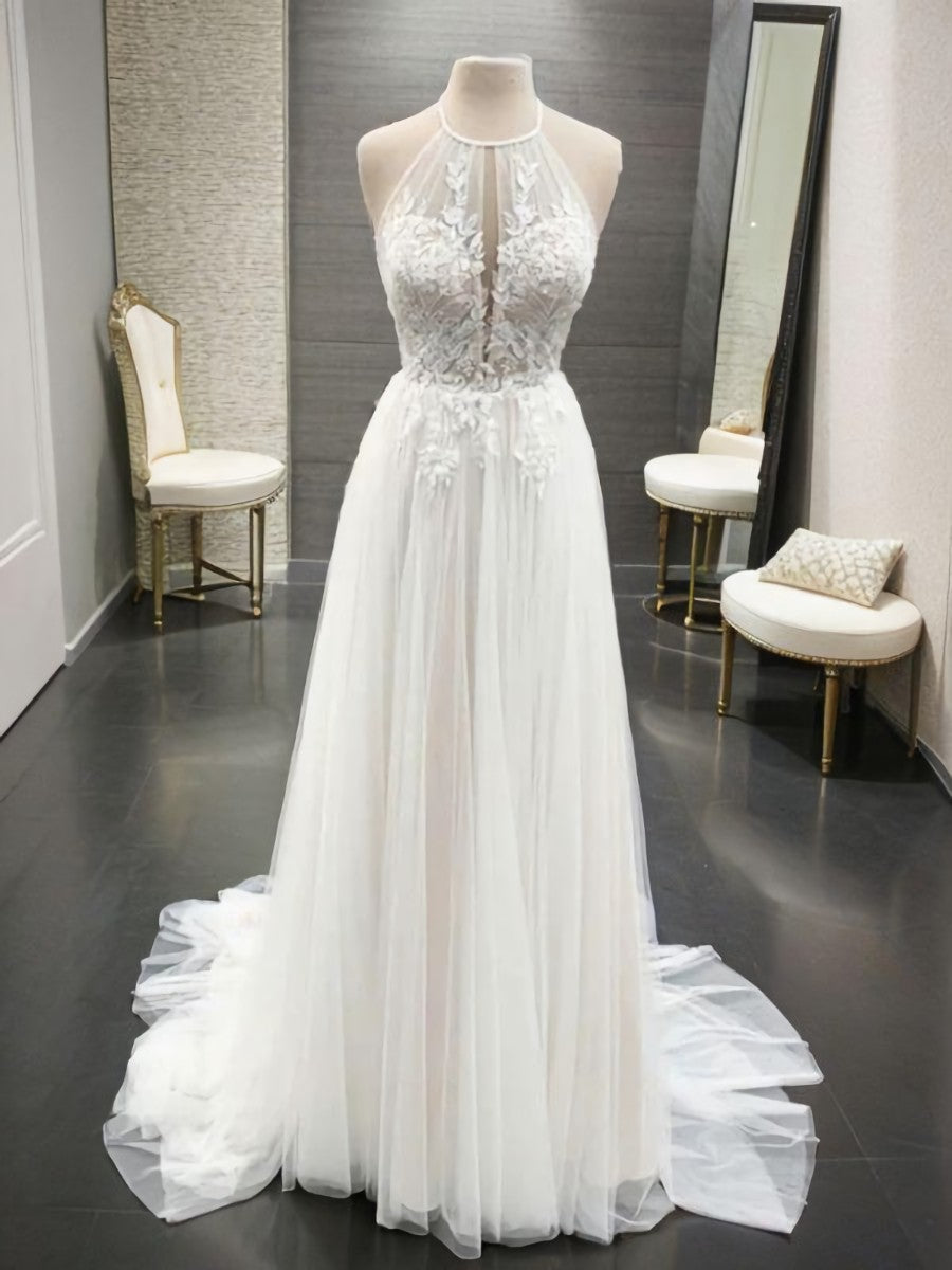 Weddings Dresses Lace, A-line Halter Appliques Lace Sweep Train Tulle Wedding Dress