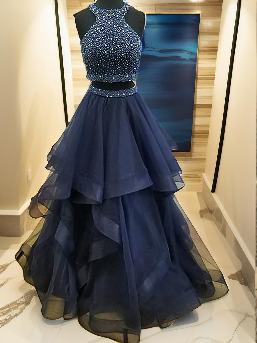 Prom Dresses Tight Fitting, A-line Halter Beading Floor-Length Tulle Dress