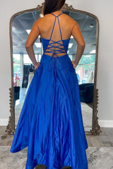 A Line Halter Blue Long Prom Dress with Criss Cross Back