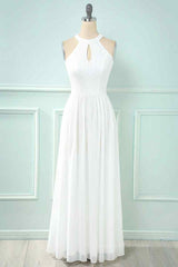Bridesmaid Dress Fall, A-line Halter Lace Cut-Out Chiffon Long Bridesmaid Dress