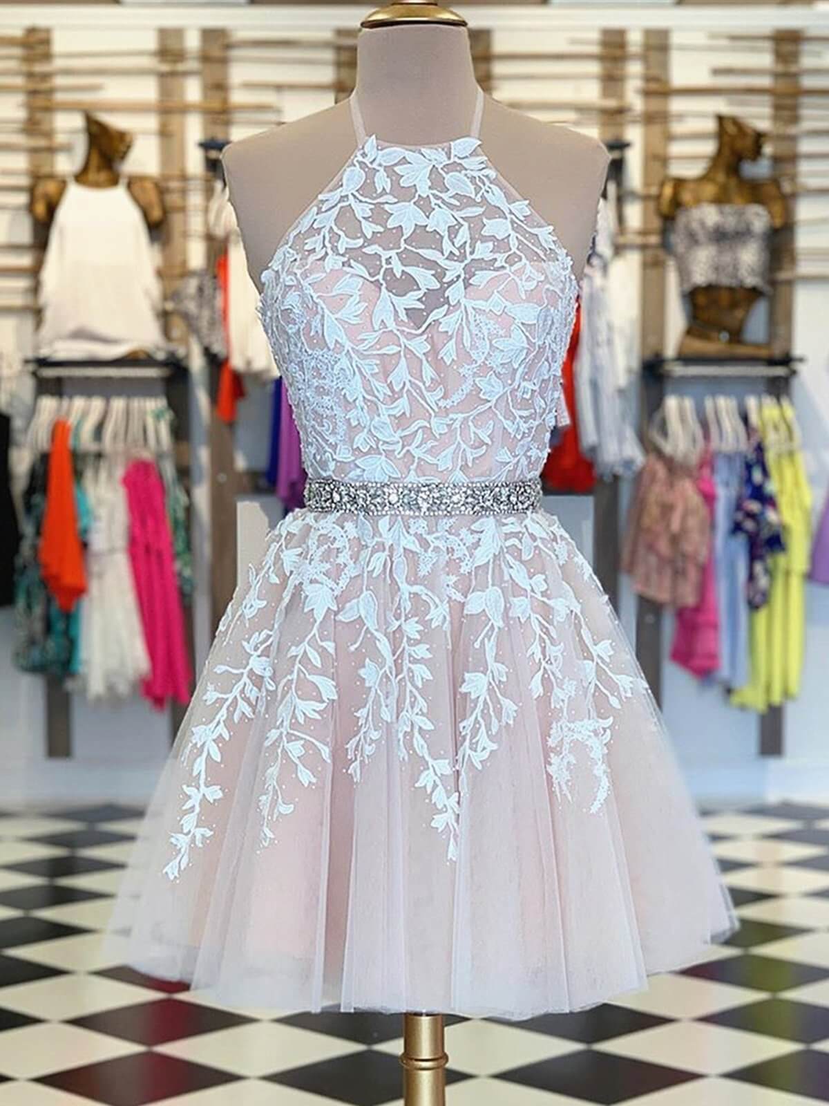 Prom Dresses2029, A Line Halter Neck Short Champagne Lace Prom Dresses,Lace Formal Homecoming Dress