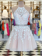 Prom Dresses2029, A Line Halter Neck Short Champagne Lace Prom Dresses,Lace Formal Homecoming Dress