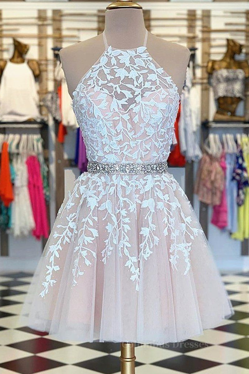 Prom Dresses Patterns, A Line Halter Neck Short Pink Lace Prom Dress with Belt, Pink Lace Formal Graduation Homecoming Dress