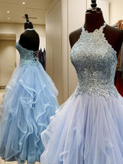 Prom Dress Light Blue, A-line Halter Ruffles Floor-Length Tulle Dress