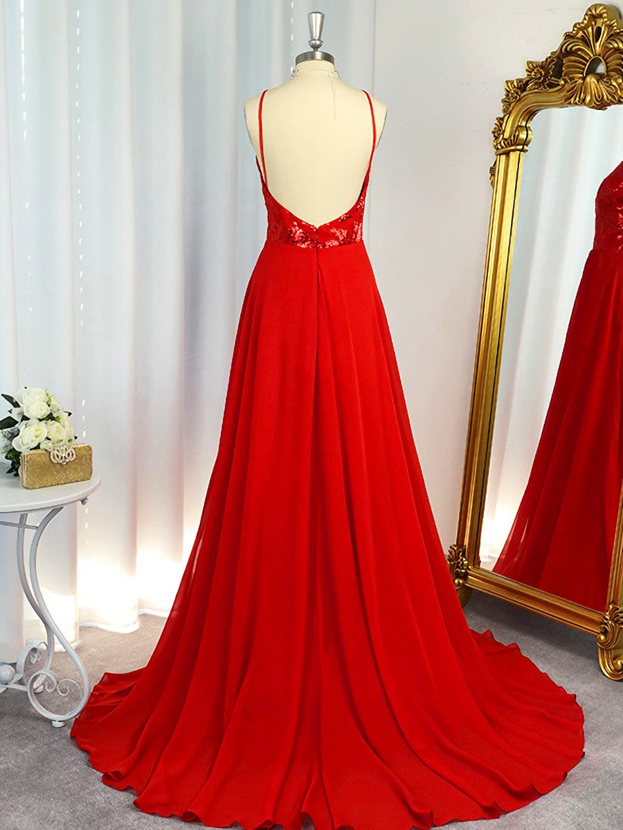 Wedding Guest Outfit, A-line Halter Sequin Sweep Train Chiffon Dress