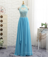Evening Dress Modest, A Line High Neck Open Back Lace Chiffon Ruffles Blue Long Prom Dresses, Blue Lace Formal Dresses, Blue Lace Graduation Dresses