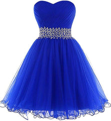 Formal Dress For Weddings Guest, A Line Homecoming Dresses,Sweetheart Short Tulle Beaded Waist Royal Blue Cocktail Dress