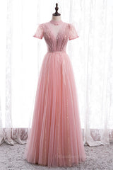 Homecoming Dress Pockets, A-line Illusion High Neck Beaded-Embroidery Maxi Formal Dress with Bow
