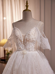 Wedding Dress Dress, A-line Ivory Beaded Tulle Long Wedding Party Dress, Ivory Tulle Floor Length Prom Dress