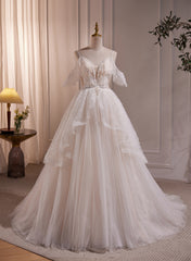 Wedding Dresses Dress, A-line Ivory Beaded Tulle Long Wedding Party Dress, Ivory Tulle Floor Length Prom Dress