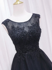 Formal Dress Long Elegant, A-Line Lace Tulle Black Short Prom Dress, High Low Black Homecoming Dress