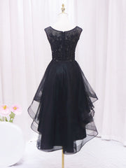Formal Dress Vintage, A-Line Lace Tulle Black Short Prom Dress, High Low Black Homecoming Dress